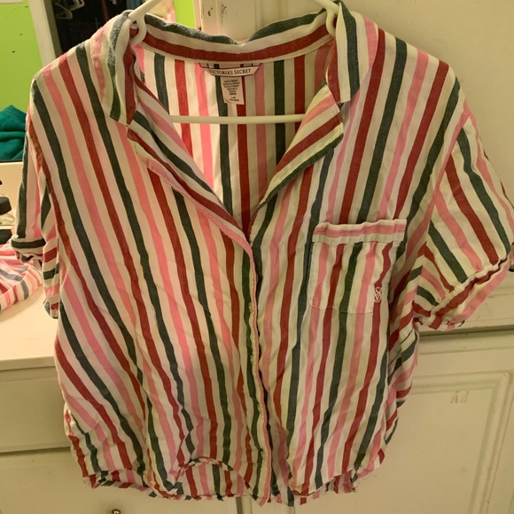 Victorias Secret Candy Striped Pajama Set Shorts Button Up - Picture 5 of 6